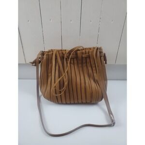 Womens Brown Pleated Drawstring Bucket Bag Crossbody Shoulder Purse Handbag
